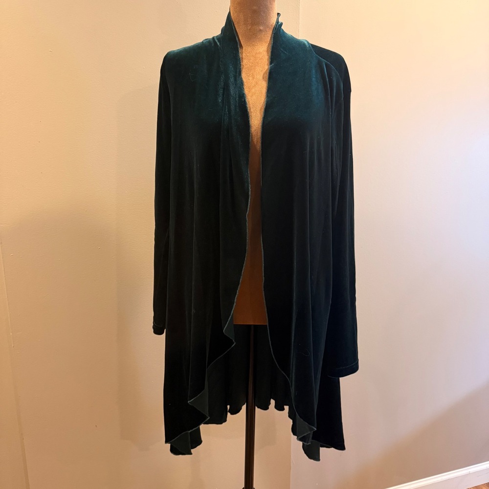 Magdalena Open Front Cardigan Women XS Green Velvet Long Sleeve Duster Victorian